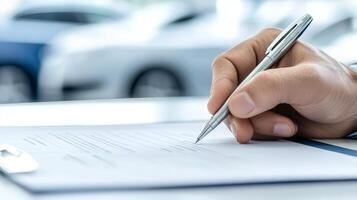 A person is signing a sales contract with a pen in a contemporary car dealership setting photo