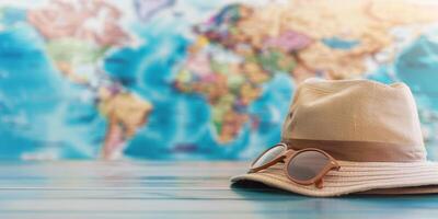 Straw hat and sunglasses resting on a wooden table photo
