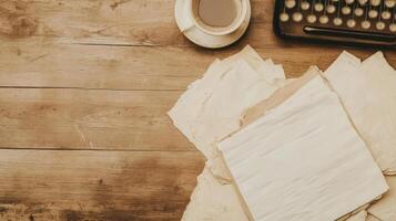 Crumpled papers and an old typewriter sit amid coffee stains, capturing the chaos of creative work at night photo