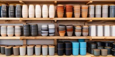 A colorful collection of ceramic and glass cups neatly arranged on wooden shelves in a contemporary shop setting photo