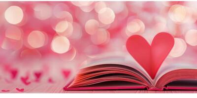 Open book with red heart shaped paper on pink bokeh background photo