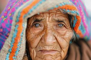Portrait of an elderly indigenous woman wearing a colorful headscarf photo