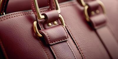 Elegantly showcasing dark cherry handbags and shoes adorned with golden elements, embodying retro charm photo