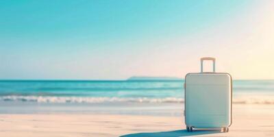 White suitcase on sandy beach under a sunny sky photo