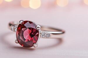 Dark cherry ring with a large stone and sparkling accents, highlighted against a simple, bright backdrop photo