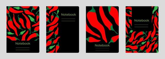 Set of cover designs for notebook, notepad, book, catalog with hot red pepper chili. Vertical format A4,A5. vector