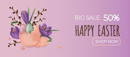 Happy easter sale. Willow branch, crocus, with the easter eggs on purple background. Can be add text. Design for banner, poster, postcard. EPS10. vector