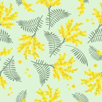 Spring seamless pattern with mimosa flowers on green background. Great for fabrics, especially for linens, wrapping papers, wallpapers. vector