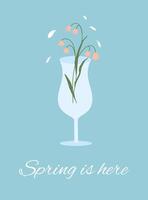 Abstract spring flowers in wine drinking glass. Spring flower drink. Element for design of poster, social media, banners, invitation. Trendy spring card template. vector