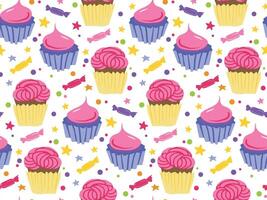 seamless pattern of colorful cupcakes, candies, and decorative stars on a white background. Ideal for fabric prints, wrapping paper, greeting cards, and digital designs. vector