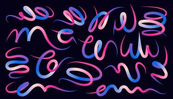 Set of Hand Drawn Abstract Wavy Lines and Scribble Sketches with Vibrant Colors on a Black Background. Playful geometric fluid organic shapes isolated. Trendy colorful freehand line doodles. vector