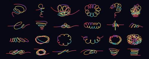 Collection of Modern Hand Drawn Abstract Wavy Lines and Scribble Sketches with Vibrant Colors on a Black Background. Playful geometric fluid organic shapes isolated. Trendy colorful freehand line vector