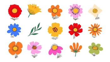 Floral Collection of Hand Drawn Summer Plants in Doodle Style. Colorful flowers and foliage with cute line sketches of branches isolated on white background. Collection of nature plants perfect for vector