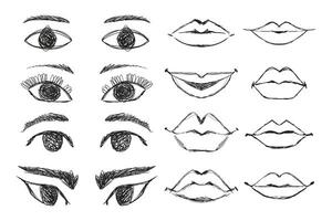 Set of Eyes and Mouths with Lips with Chaotic Lines isolated on White Background. Hand Drawn Scribble Shapes vector