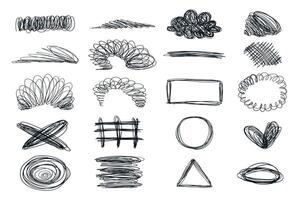 Black and White Chaotic Lines and Abstract Loops isolated on White Background. Hand Drawn Scribble Shapes Collection. Perfect for modern art prints, design textures vector