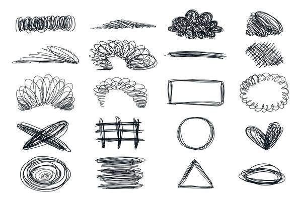 Black and White Chaotic Lines and Abstract Loops isolated on White Background. Hand Drawn Scribble Shapes Collection. Perfect for modern art prints, design textures