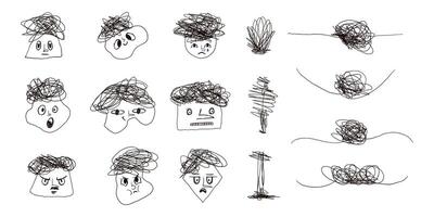Hand-Drawn Doodle Faces and Scribble Chaotic Tangled Lines and Loops. Whimsical cartoon expressions with messy hairlines and emotional gestures in black ink. Great for quirky illustrations, mental vector