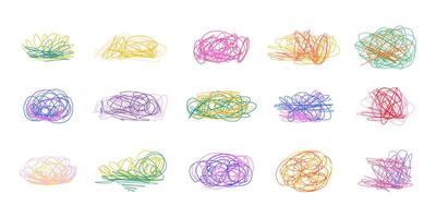 Hand-Drawn Colorful Scribble Expressive Chaotic Lines and Abstract Loops on White Background. Abstract tangle shapes in vibrant neon and pastel shades. Perfect for kids designs, fun digital assets vector