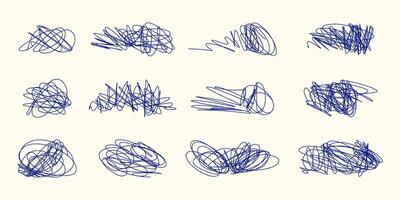 Expressive Chaotic Lines and Abstract Loops in Blue Ink Style. Hand-Drawn Scribble Shapes Collection on Soft Beige Background. Perfect for modern art prints, design textures, creative illustrations vector