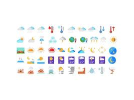 Pack of 50 weather icons with fill color style. low temperature, winter, weather news, no water, pressure, cloud, rain, fog, lightning, etc. icons suitable for web, mobile and print applications. vector