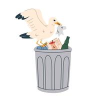 Seagull searches for food among the garbage. Trash can with heap of mixed rubbish. Ecology and infrastructure of the city. vector