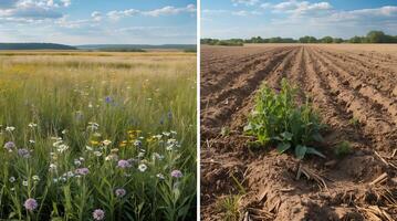 Contrast between flourishing wildflowers and farmland affected by climate change photo