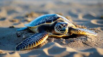 sea turtle digs into the warm sand on a beach as it prepares to nest photo