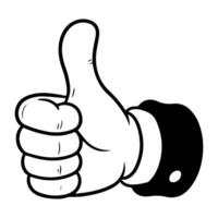 Cartoon thumbs up gesture, approval symbol, upward pointing thumb vector