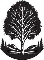 a black and white logo of a tree with mountains in the background vector
