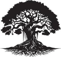 an old oak tree with roots and leaves vector