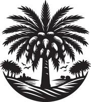 a palm tree with birds flying in the background vector
