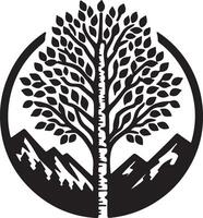 The black and white logo of a tree with mountains in the background vector