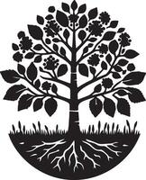 a black and white creative illustration of a tree with roots vector