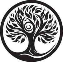 a black and white tree logo with a circular design vector