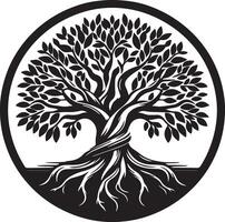 a black and white tree with roots in a circle vector