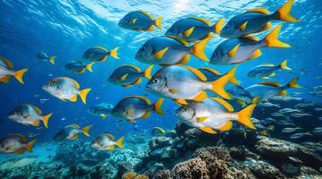 Underwater school of fish displaying colorful patterns in their natural habitat photo