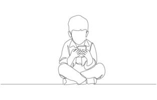 Continuous one line drawing of boy sitting on floor playing mobile games, mobile phone addiction behavior in childhood concept, single line art vector