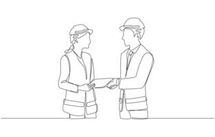 Continuous one line drawing of female engineer shaking hands with project manager, engineering business concept, single line art vector