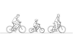 Continuous one line drawing of parents and son riding bicycles in a row, family cycling activity concept, single line art vector
