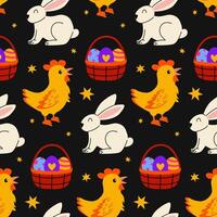 Colorful Easter pattern featuring rabbits, chickens, and decorated baskets on a dark background vector