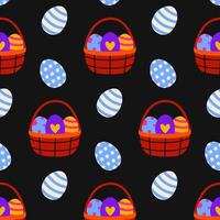 Colorful Easter eggs in baskets create a festive pattern on a black background vector