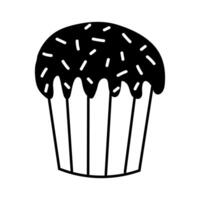 Black and white cupcake with chocolate frosting and sprinkles on top in simple cartoon style vector