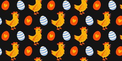 Colorful pattern featuring chickens and eggs on a dark background vector