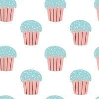Colorful cupcake pattern with blue frosting and pink wrappers on a white background vector