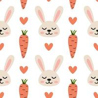 Pattern featuring cute rabbits, carrots, and hearts in playful design on a white background vector