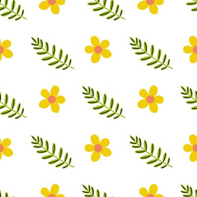 Colorful pattern featuring yellow flowers and green leaves on a white background