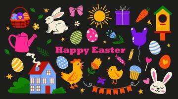 Colorful Easter celebration with eggs, bunnies, and spring elements in a festive design vector