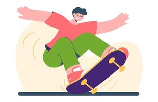 A boy performing a skateboard trick, dynamic motion, urban sport. Flat illustration with bright colors, minimalistic design, no shadows vector