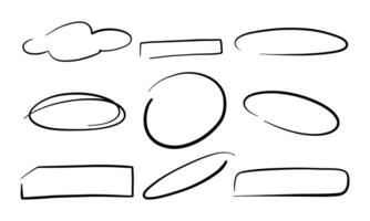Hand Drawn Sketch Bubble Frame Collection. A collection of 9 playful hand drawn frames in various shapes including ovals, circles, rectangles, and a cloud. Ideal for text highlights and modern layout vector