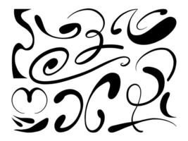 Expressive Swirl and Flourish Stroke. A bold and artistic collection of 14 hand drawn abstract flourishes and swirl strokes with dynamic motion, ideal for layout accents or decorative compositions vector